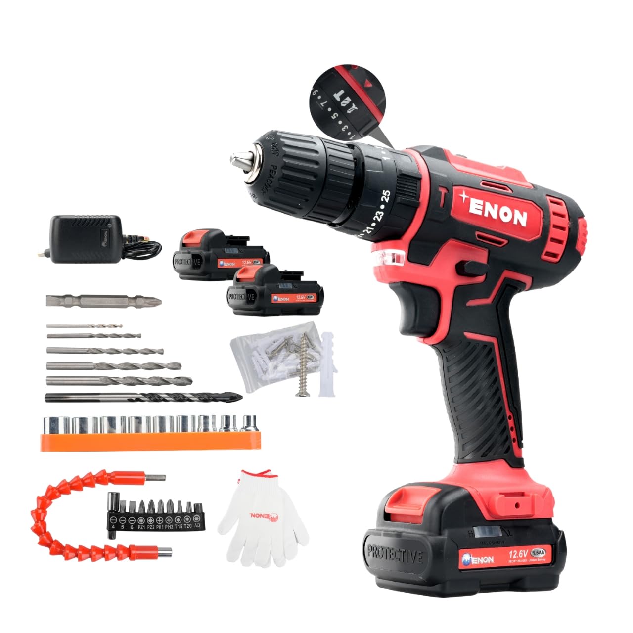 Enon Cordless Impact Drill for Home Use, 12.6V, 1500Rpm, Chuck 10mm, 25 Level Torque, F/R Trigger, 2 Modes, Magnetic Base, 2X1.5Ah Batteries, Keyless Chuck, Drill Kit - 6 Month Warranty (XE-CD1610) Enon Cordless Impact Drill for Home Use, 12.6V, 1500Rpm, Chuck 10mm, 25 Level Torque, F/R Trigger, 2 Modes, Magnetic Base, 2X1.5Ah Batteries, Keyless Chuck, Drill Kit - 6 Month Warranty (XE-CD1610)